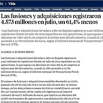 Las fusiones y adquisiciones registraron 4.573 millones en julio, un 61,4% menos